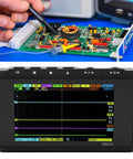 DS213 Tablet Oscilloscope 4 Channel Handheld Digital Storage Scope Kit in use for electronics debugging on a circuit board