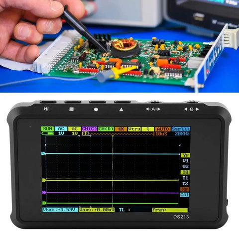 DS213 Tablet Oscilloscope 4 Channel Handheld Digital Storage Scope Kit in use for electronics debugging on a circuit board