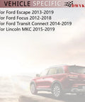 Rear view of SUV with text about vehicle parts compatibility for Ford Escape, Focus, Transit Connect, Lincoln MKC, 2013-2019.