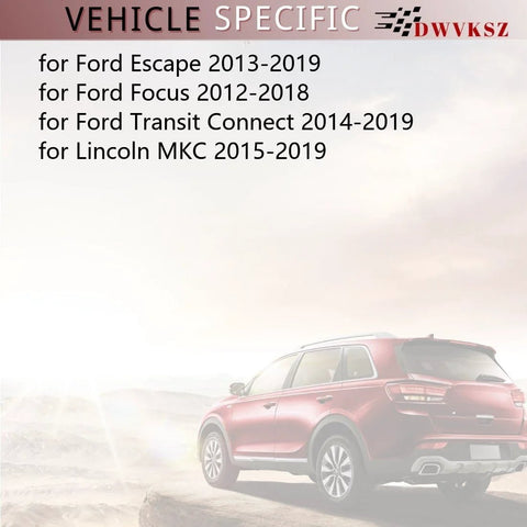 Rear view of SUV with text about vehicle parts compatibility for Ford Escape, Focus, Transit Connect, Lincoln MKC, 2013-2019.