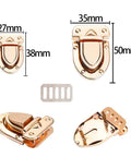 GeoGeoDIY rose-gold turn-lock purse clasps set with washers; 10 pcs, two sizes (27x38mm, 35x50mm) front and side views.