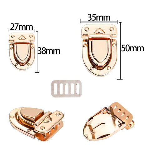 GeoGeoDIY rose-gold turn-lock purse clasps set with washers; 10 pcs, two sizes (27x38mm, 35x50mm) front and side views.