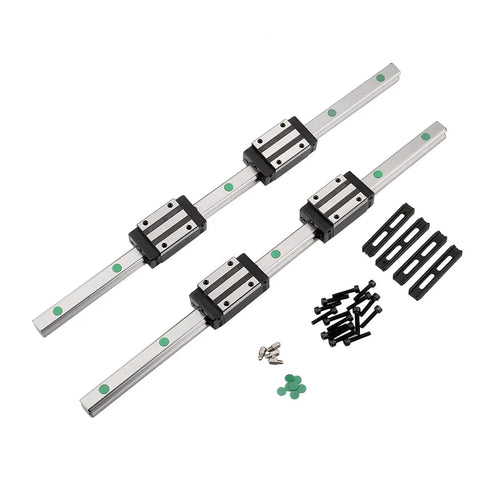 Two Pack 200mm Linear Guide Rail Kit With Four Bearing Blocks Included, Plus One 200mm SFU1204 Ball Screw visible