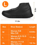 Black waterproof silicone shoe covers overshoes with non-slip grip, size chart in inches for men and women.