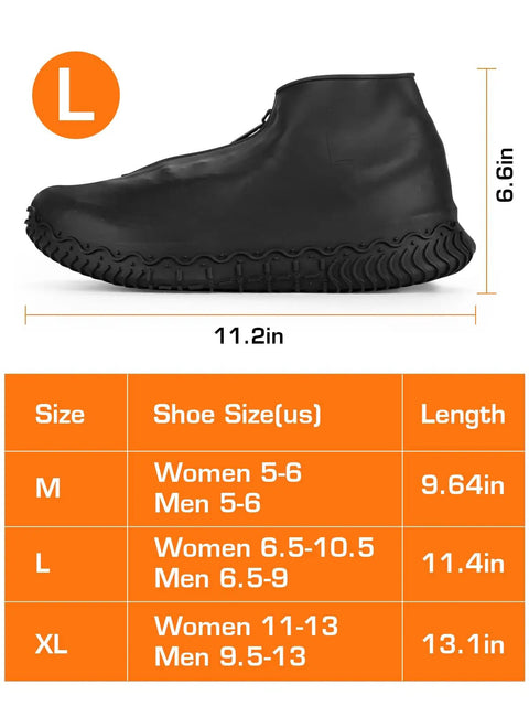 Black waterproof silicone shoe covers overshoes with non-slip grip, size chart in inches for men and women.