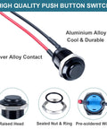 Five Pack 12mm Latching Push Button Switches With Raised Head On Off Normally Open Pre Soldered Cable Aluminum Alloy Shell Waterproof IP66 Without LED Black 12V 24V 36V 110V Compatible Durable Heavy Duty, shown with raised head, sealed nut, ring, and pre-soldered wires.