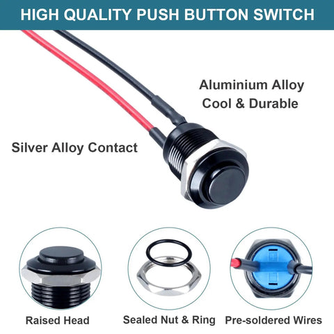 Five Pack 12mm Latching Push Button Switches With Raised Head On Off Normally Open Pre Soldered Cable Aluminum Alloy Shell Waterproof IP66 Without LED Black 12V 24V 36V 110V Compatible Durable Heavy Duty, shown with raised head, sealed nut, ring, and pre-soldered wires.