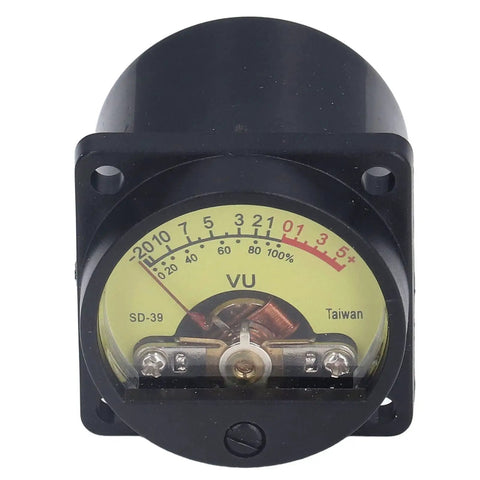 Analog VU Meter With Backlight For Amps A Compact VU Level Gauge On Durable Plastic Iron Panel Ready To Tackle Vibration And Static Easy Readout For Accurate Sound And Noise Measurement. Front view of black round panel-mounted VU meter, plastic and iron body, for amps and audio level monitoring.