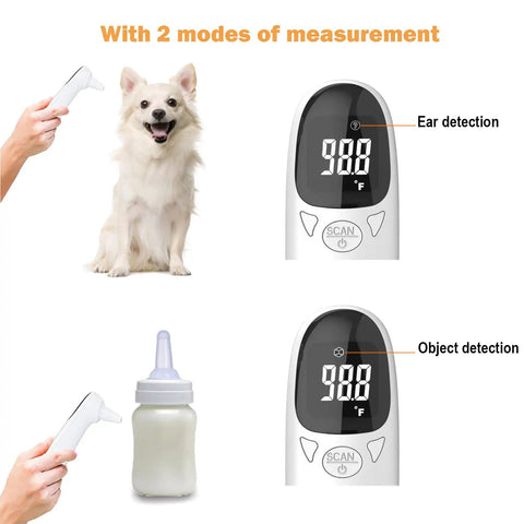 Non Contact Pet Ear Thermometer For Cats And Dogs Infrared Quick Temp Read In One Second Safe And Gentle For Stress Free No Fuss At Home Vet Checks No Contact Reading White Finish, ear and object detection modes