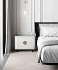 Stylish bedroom with bedside table featuring Beefy Adjustable Round Metal Furniture Legs 8 cm Black White Non Slip Wear Resistant 4 Pack