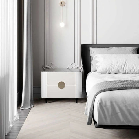 Stylish bedroom with bedside table featuring Beefy Adjustable Round Metal Furniture Legs 8 cm Black White Non Slip Wear Resistant 4 Pack