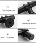 Image showing features of Black Cabinet Pulls 25 Pack, 3 Inch Hole Center, 5 Inch Total Length including tight connection, deep hole thread, and anti-fingerprint.