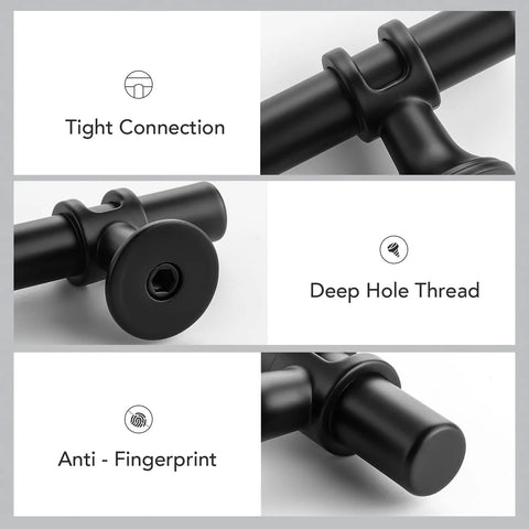 Image showing features of Black Cabinet Pulls 25 Pack, 3 Inch Hole Center, 5 Inch Total Length including tight connection, deep hole thread, and anti-fingerprint.