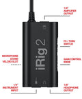 iRig 2 Portable Guitar Interface For iPhone iPad And Mac Lightweight Audio Adapter with labeled inputs and outputs