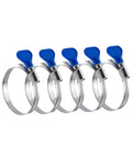 PowerTEC 70127 2-1/2 in stainless steel worm-gear hose clamps, 5-pack with blue plastic handles.