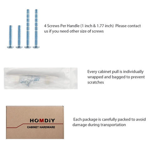 Screws, individually wrapped cabinet pull, and packaging for 25 Pack Solid Zinc Alloy Cabinet Handles Brushed Nickel Arch Drawer Pulls 3 Inch