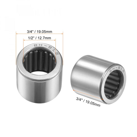 BH812 Needle Roller Bearing Full Complement Drawn Cup Open Half Inch ID Three Quarter Inch OD Three Quarter Inch Width 2 Pack