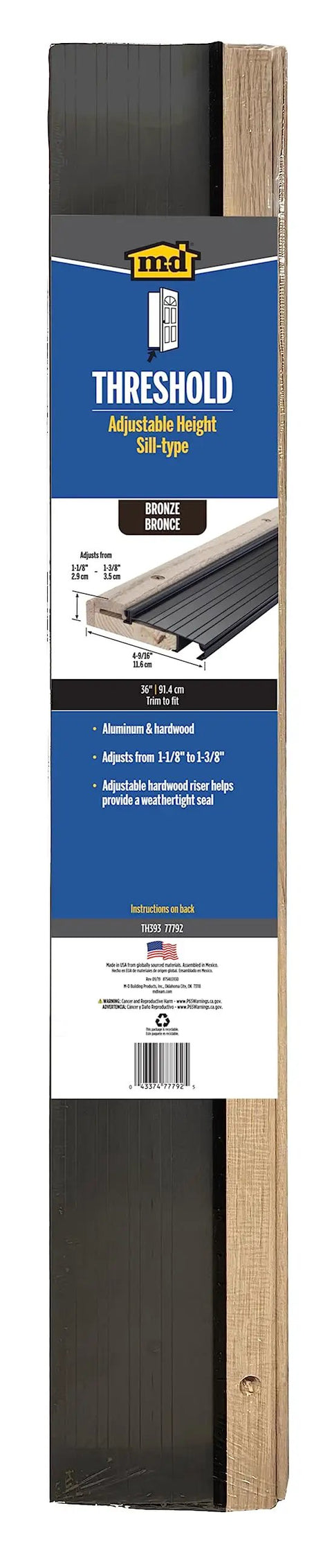 Adjustable Aluminum And Hardwood Threshold Kit For French And Exterior Doors, Bronze Finish, 4-9/16 In By 1-1/8 In By 36 In packaging