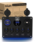 Five Gang Rocker Switch Panel With Dual USB Charger, LED Voltmeter, 12V 24V On Off SPST Toggle, Waterproof All In One Power Hub For LED Light Bars Rear Rock Lights Trucks RVs Boats 4x4