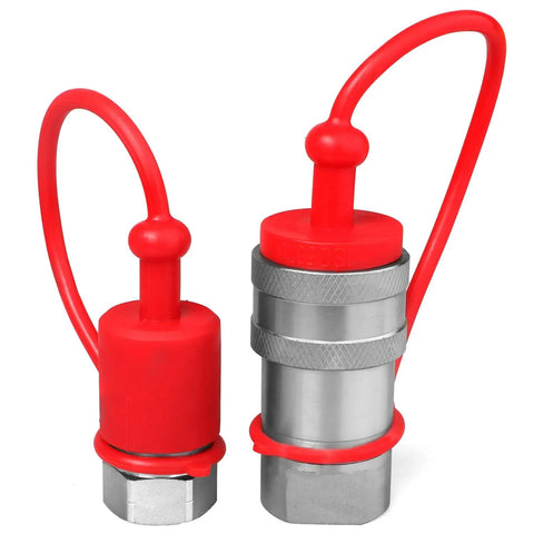 Three Eighths Inch Ag ISO 5675 Hydraulic Quick Connect Couplers With Dust Caps Pioneer Style For Easy Snap On Snap Off Connect And Disconnect Three Eighths Inch NPT Thread And Three Eighths Inch ISO 5675 Body