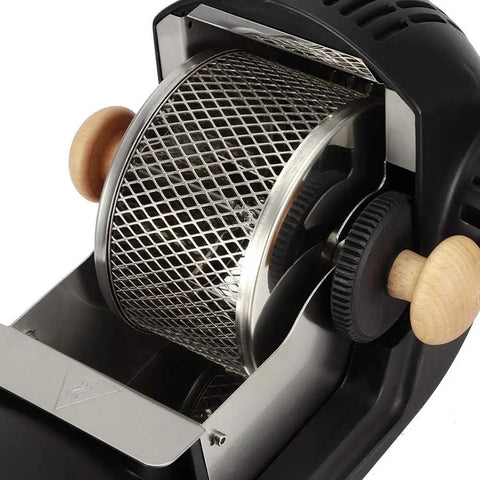 Straight To Fresh Results Using This Fully Automated Electric Coffee Bean Roaster With A Heavy Duty 1600W Motor And Durable Steel Drum close-up of the metal drum and control dials.