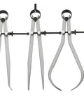 Front view: Acrux7 3-piece 8-inch carbon steel outside caliper set for woodturning; straight dividers and curved compass caliper