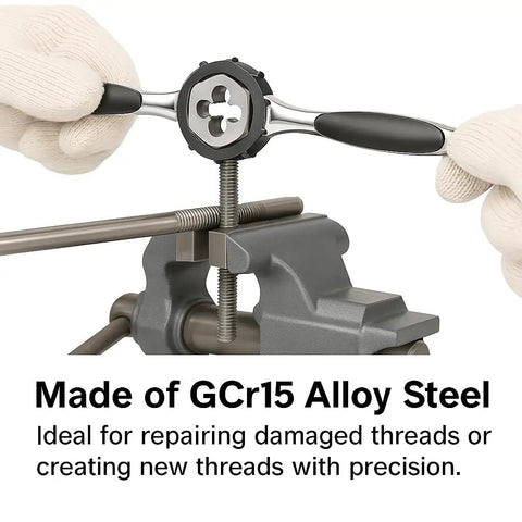 M12x1.0 Metric Tap And Die Set Right Hand HSS Tap And GCr15 Hex Die For Metal Thread Repair in use with a vise