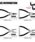 4 Pack 7 Inch Snap Ring Pliers Set With Storage Pouch Heavy Duty Internal And External Circlip Pliers Kit With Straight And Bent Jaw And Spring Loaded Mechanism Ring Remover And Retaining Tool showing size information.