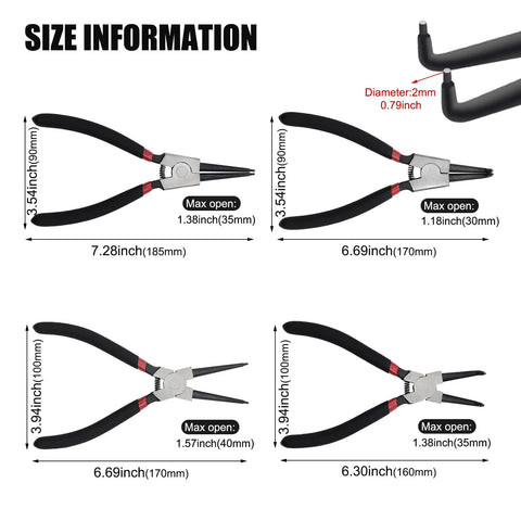 4 Pack 7 Inch Snap Ring Pliers Set With Storage Pouch Heavy Duty Internal And External Circlip Pliers Kit With Straight And Bent Jaw And Spring Loaded Mechanism Ring Remover And Retaining Tool showing size information.