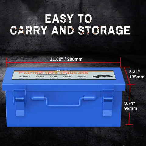 Blue storage box for 1 Inch Drive Deep Impact Socket Set, 9-Piece Jumbo 6-Point Metric Sockets, dimensions and handle visible