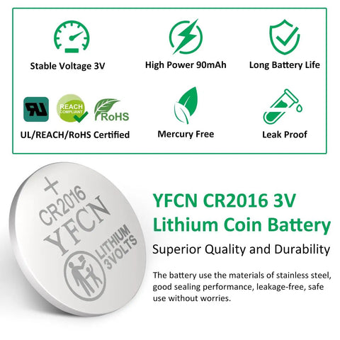 Top Shelf CR2016 3V Lithium Coin Cell Batteries 10 Count Pack showing specifications and durability features.