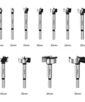 Premium 12 Piece Forstner Bit Set Crafted From Hardened High Speed Steel Precision Wood Drilling Tools 10Mm To 50Mm Range set displayed with sizes labeled.
