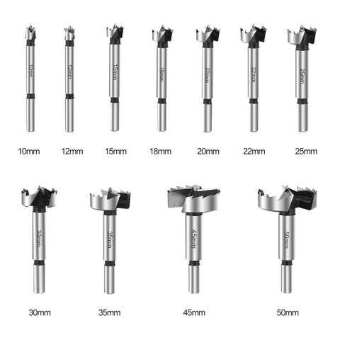 Premium 12 Piece Forstner Bit Set Crafted From Hardened High Speed Steel Precision Wood Drilling Tools 10Mm To 50Mm Range set displayed with sizes labeled.
