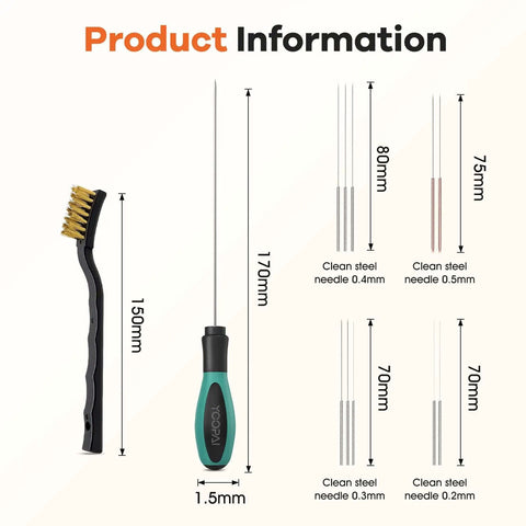 Dimensions of Pro Grade 3D Printer Nozzle Cleaning Kit with rubber handle, cleaning needles, and copper wire brush.