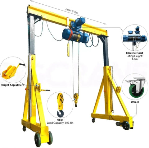 Portable 4 Wheel Mobile Gantry Overhead Crane With Heavy Duty Compact Frame Built For Tight Garages Smooth Riding Casters, 2-5m span.