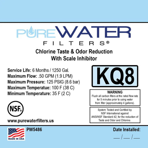 Label for Water Filter Kit For Keurig Commercial Brewers Fits B150, K150, B155, K155, K2500, K3000, B3000, B3000SE, K3500, K4000 includes specifications and NSF certification details.
