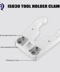 ISO30 Tool Holder Clamp For CNC Machines ATC Fork Claw With Flame Proof Rubber 5 Pack Pro Grade Tool Clamp Built For Milling Mold Making And CNC Machining, showing measurements and aperture size