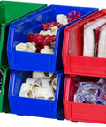 Blue 12 Pack Stackable Plastic Storage Bins For Home And Garage Organization, Space Saving Bins For Pantry, Craft Room, Closet And More, Each Bin Holds Up To 30 Pounds, 10.5 In Long By 5.5 In Wide By 5 In High filled with assorted items