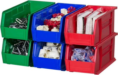 Red Stackable Plastic Storage Bins For Garage And Pantry, Space Saving 11x5x5 Inch Organizers filled with various items