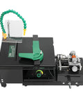 Compact Table Saw And Rock Lapidary Polisher Boasting Knockout Precision With Top Shelf Bench Buffer Lathe Machine featuring a green cutting guide.