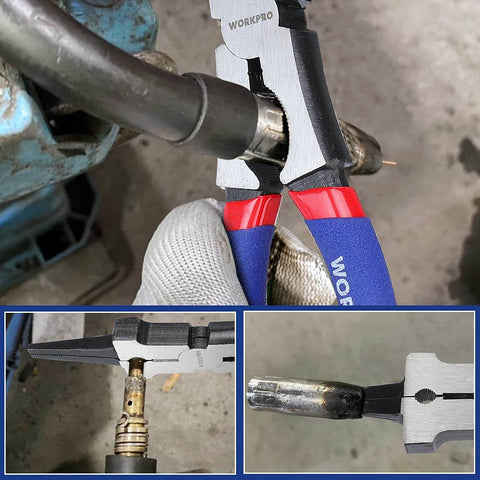 Eight Inch Welding Pliers With CR-V Steel Construction, Spring Loaded Non Slip Grips being used to remove nozzle