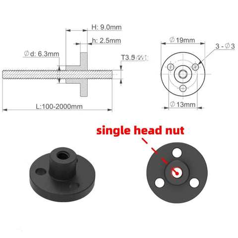 Tr3.5x0.609 Trapezoidal Lead Screw With Nylon Nut For 3D Printers, 0.609mm Pitch diagram and single head nut detail
