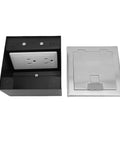 Heavy Duty Pop Up Floor Power Outlet Featuring Double Three Prong Sockets And Brushed Silver Stainless Steel Housing shown disassembled.
