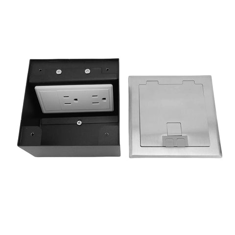 Heavy Duty Pop Up Floor Power Outlet Featuring Double Three Prong Sockets And Brushed Silver Stainless Steel Housing shown disassembled.