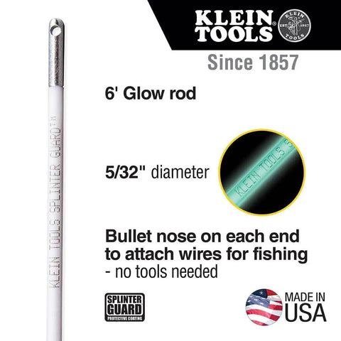 Mid Flex Glow Rod Set With Splinter Guard Coating, Six 18 Inch Glow Rods With Durable Stainless Steel Connectors For Easy Fishing Or Wire Pulling, Glows In The Dark To Illuminate Tight Workspaces, Made In USA, shown with features and branding.