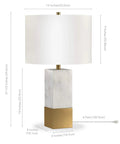 Glam Marble and Brass Table Lamp With White Drum Shade 21.5 Inch Tall Desk Lamp For Home Or Office Handcrafted Marble Base Modern Accent Lighting For Living Room Decor Lit Ambience showcasing dimensions