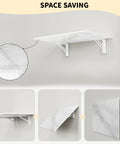 Fold Down Wall Mounted Workbench Table 25 Inch Long By 15.7 Inch Wide White Marble Floating Desk shown in folded and open views.