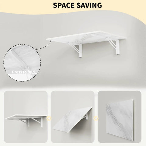 Fold Down Wall Mounted Workbench Table 25 Inch Long By 15.7 Inch Wide White Marble Floating Desk shown in folded and open views.