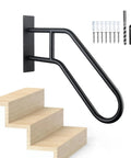 Heavy Duty U Shaped Wall Mount Stair Handrail For Indoor Outdoor Porch Steps Non Slip Safety Grab Bar, black steel finish on wooden steps.