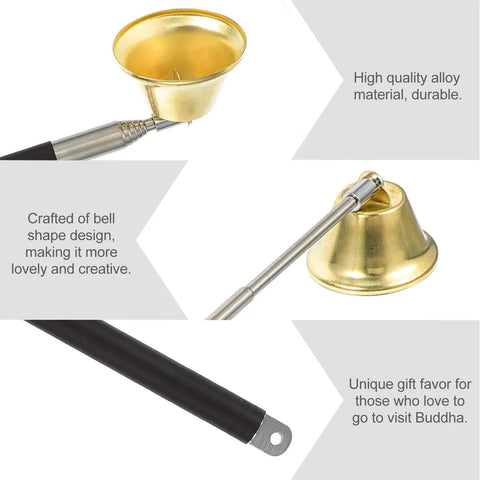Premium Copper Bell Shaped Candle Flame Snuffer Featuring Six Level Retractable Handle with bell shape design and durable alloy.